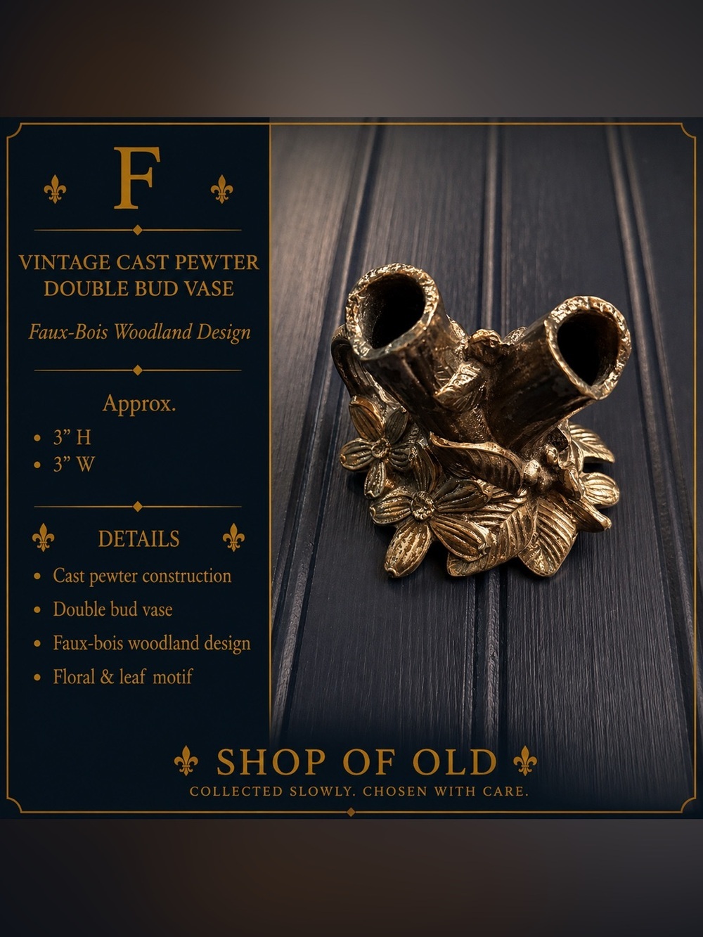 Vintage Cast Pewter Double Bud Vase | Faux-Bois Woodland Design | Miniature vase